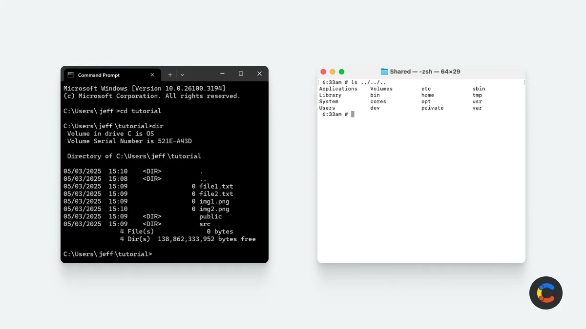 Windows Command Prompt and Mac OS Terminal showing the dir and ls commands in use