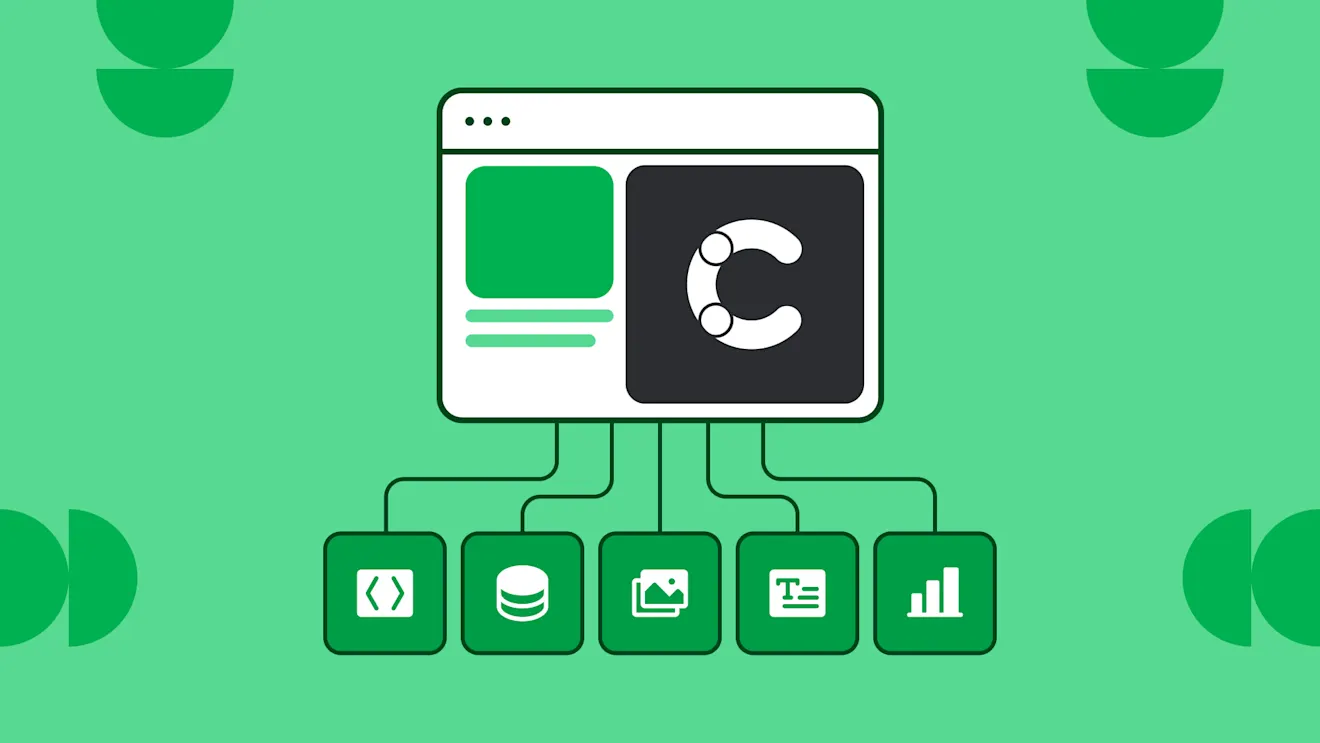 Content management interface diagram on green background showing browser window with content blocks connected to five icons below representing code, database, images, text, and analytics.
