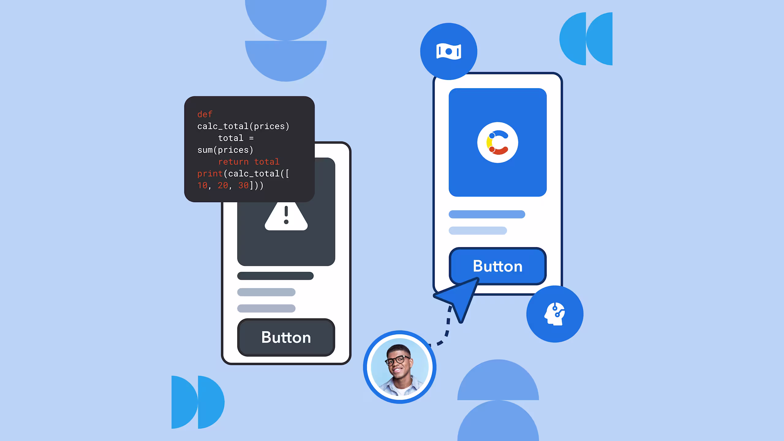 Mobile app interface showing Python code snippet for calculating total prices, with blue buttons and circular design elements on light background