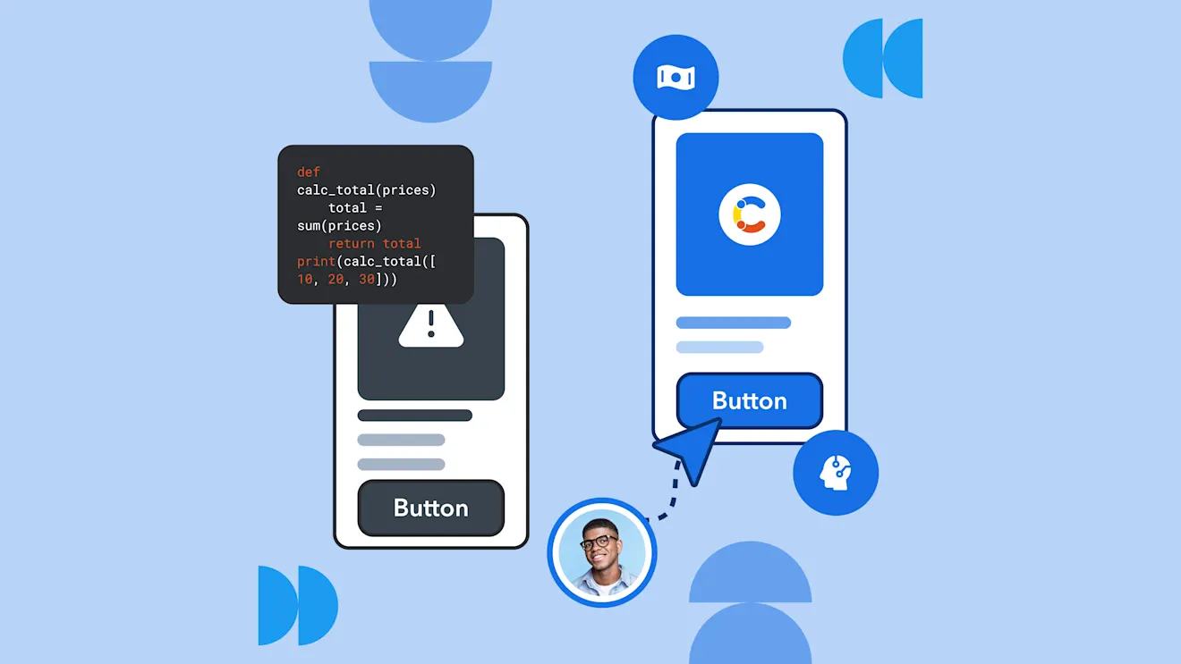 Mobile app interface showing Python code snippet for calculating total prices, with blue buttons and circular design elements on light background