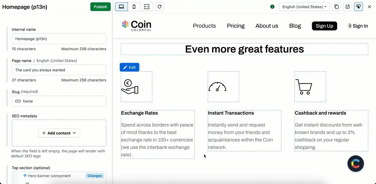  Animation of the Contentful platform editing experience demonstrating dynamic updates in the preview pane while editing.
