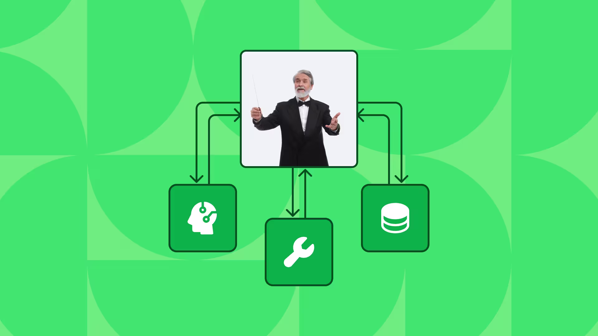 Man in tuxedo presenting on green background with flowchart showing AI, tools, and database icons connected by arrows.