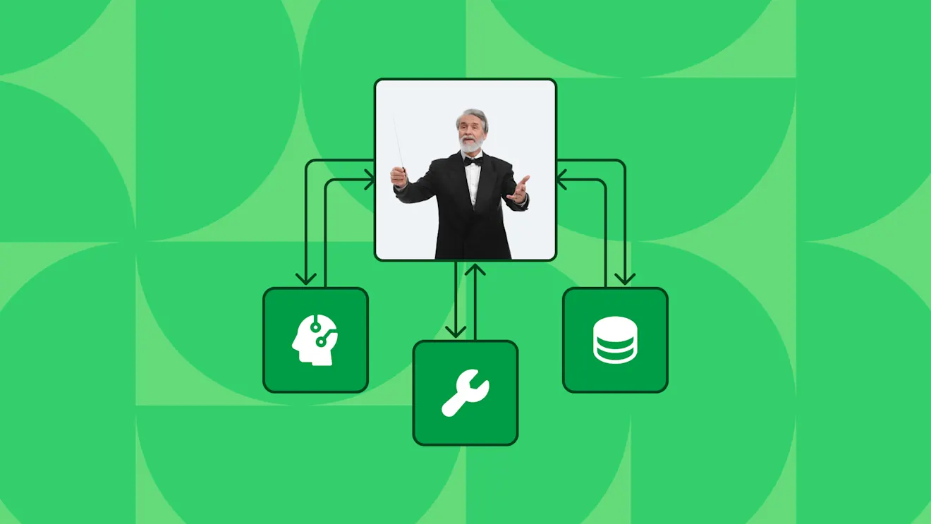 Man in tuxedo presenting on green background with flowchart showing AI, tools, and database icons connected by arrows.