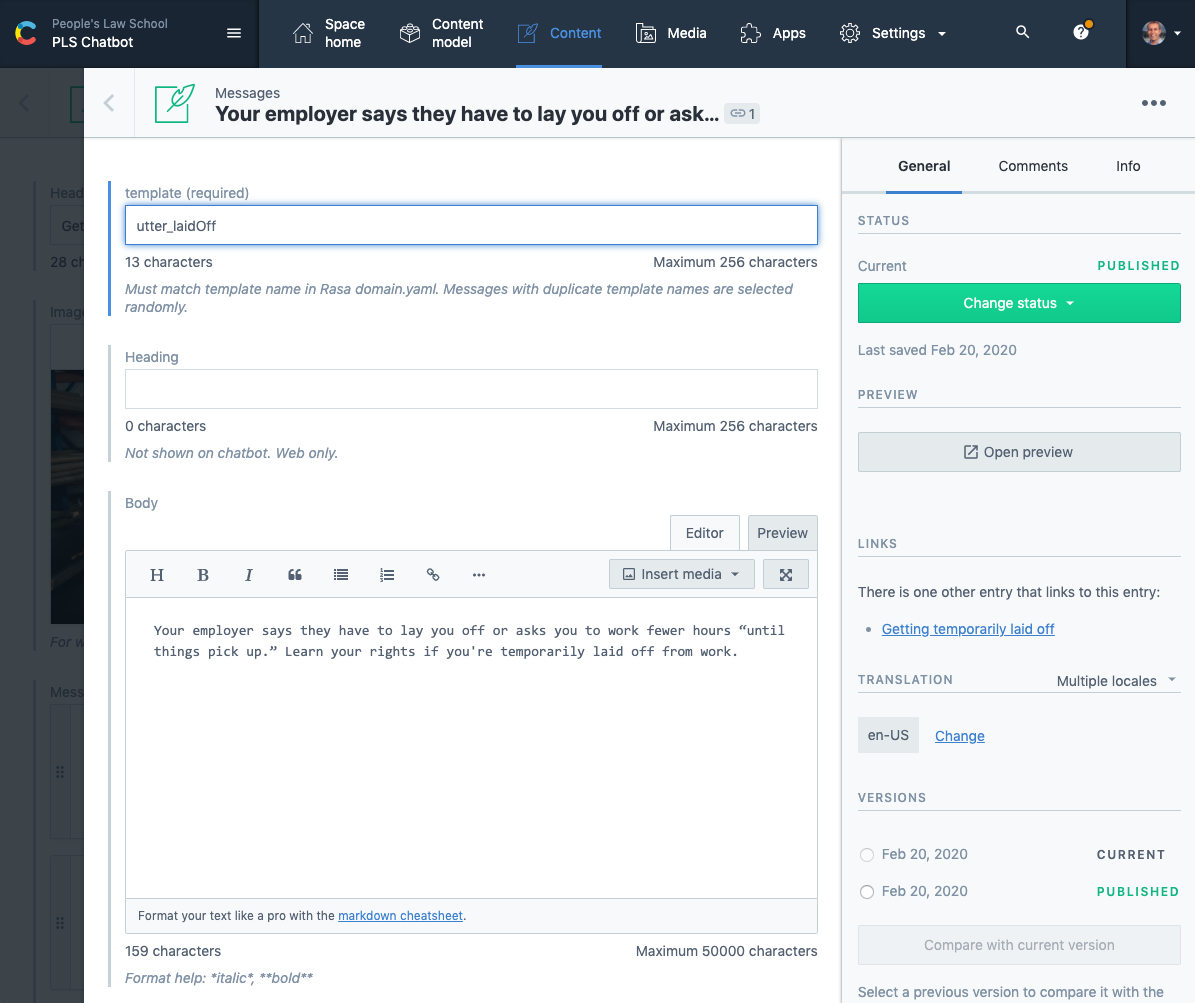 Contentful beagle chatbot laid off message