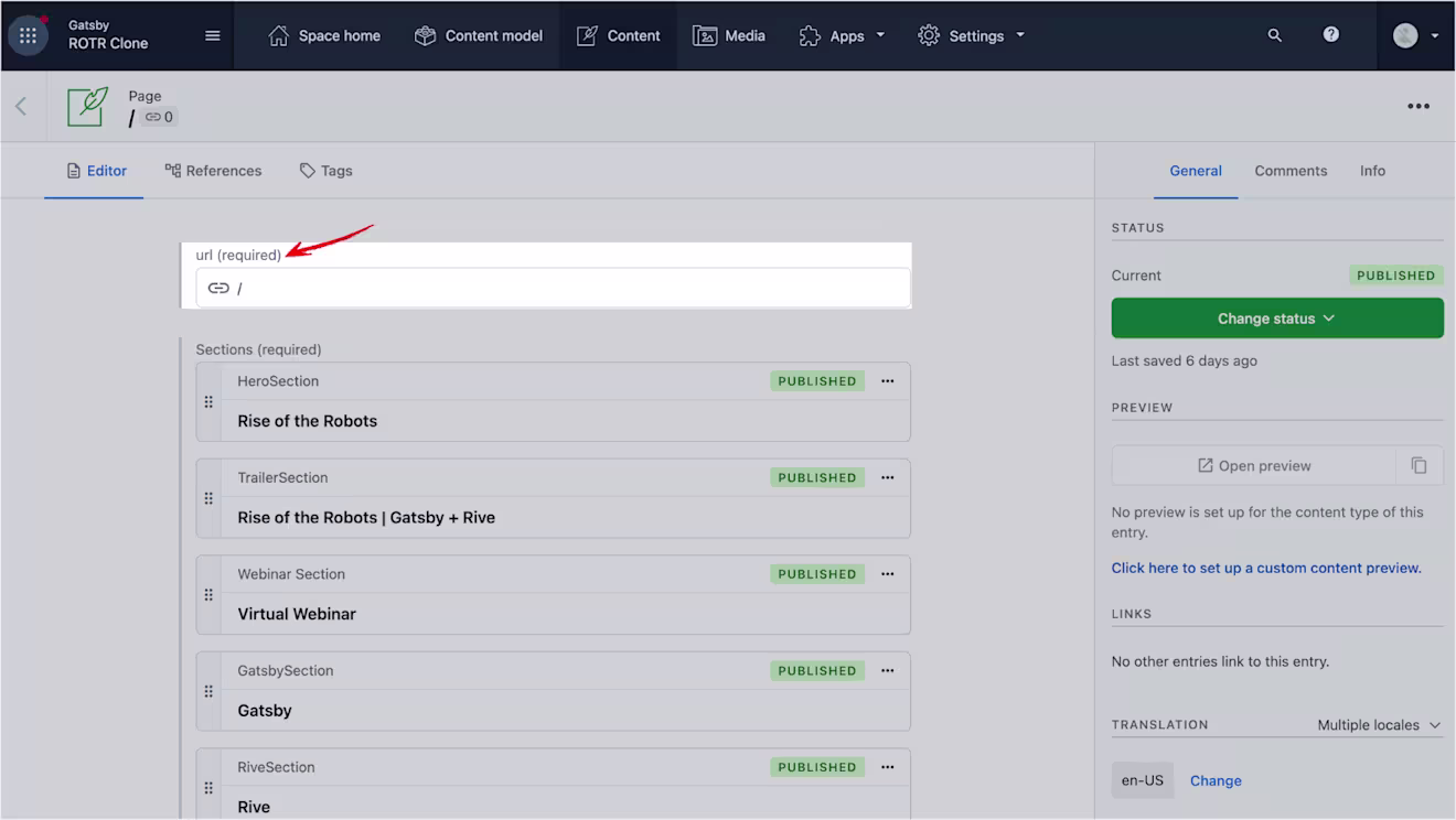 Contentful UI showing url field