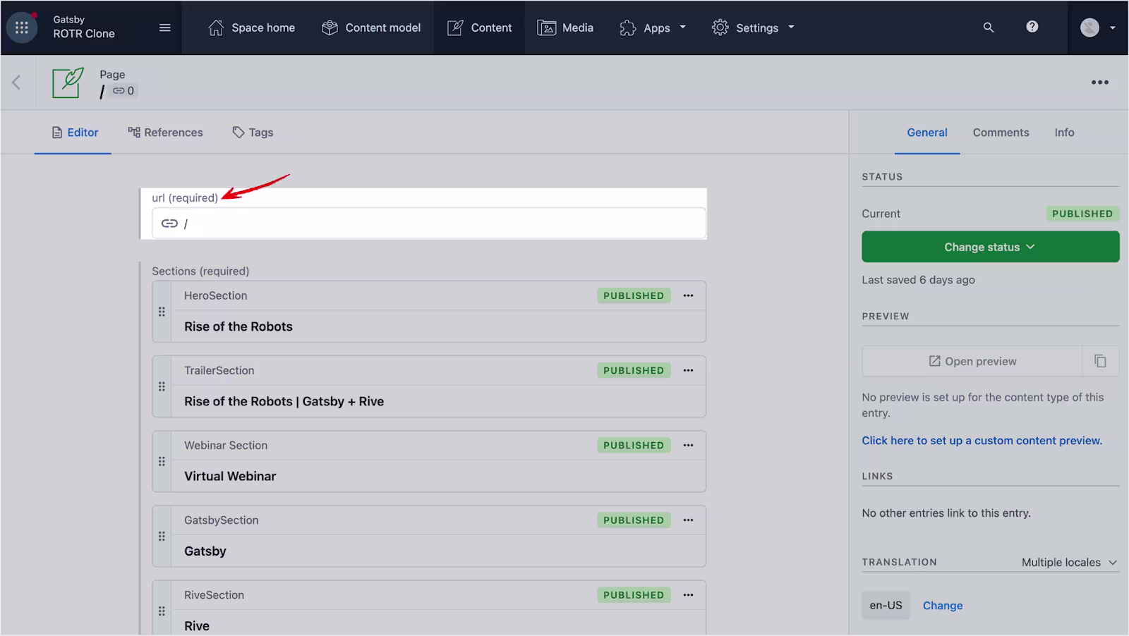 Contentful UI showing url field