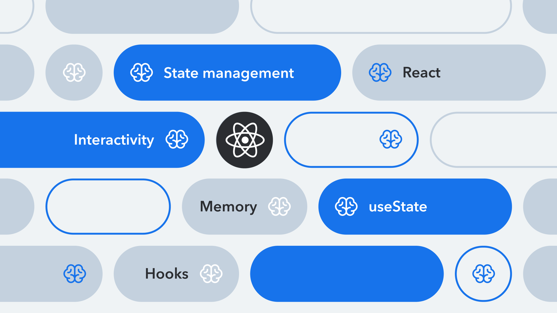 React development concepts shown with brain icons and labels including State management, Hooks, Memory, and useState