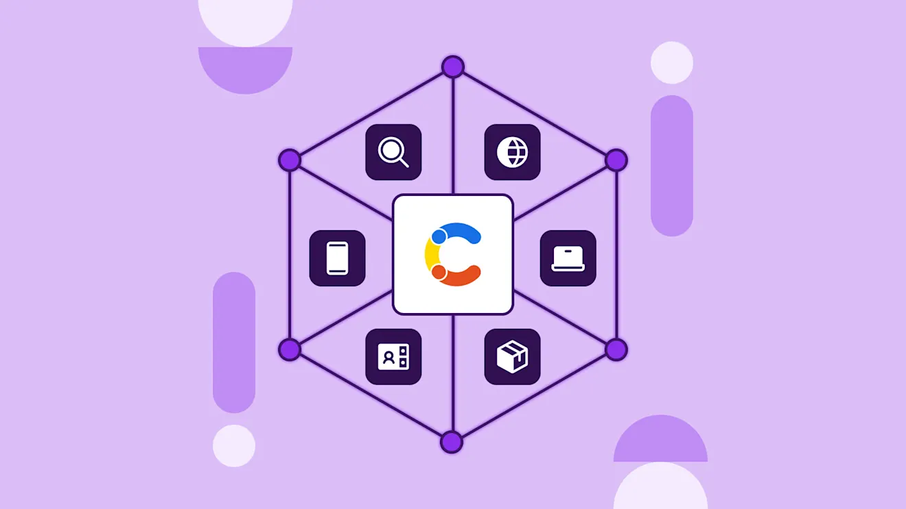 Hexagonal network diagram with colorful logo at center connected to six purple icons representing different services on lavender background.