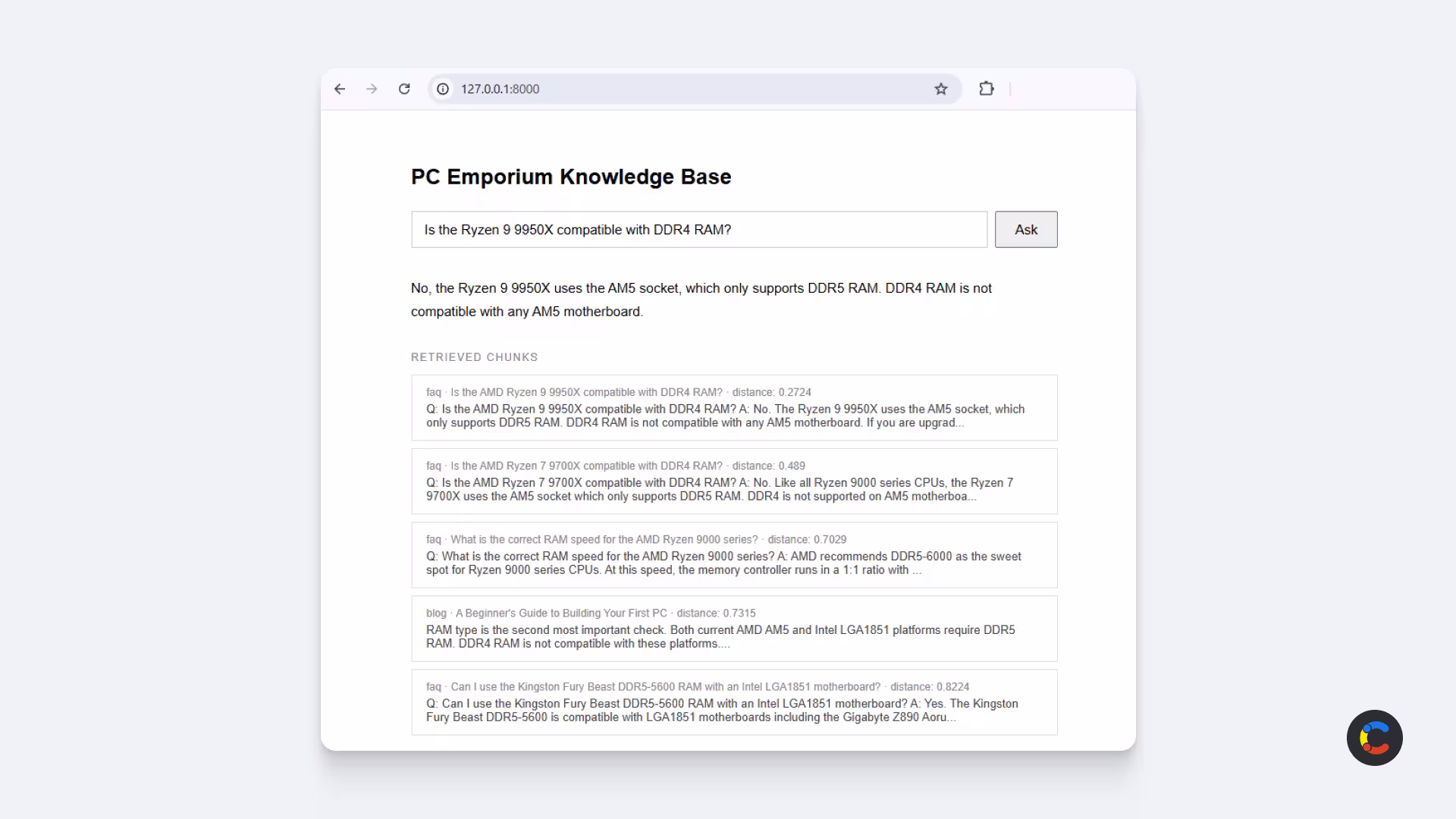 Screenshot of a fully working RAG web application.