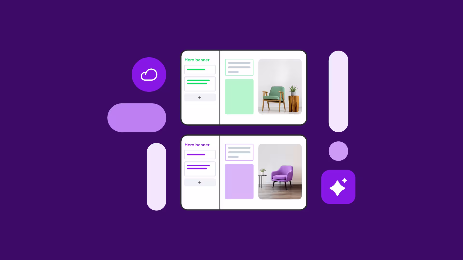 Website design mockup showing two hero banner layouts with green and purple accent colors, featuring modern armchair product images