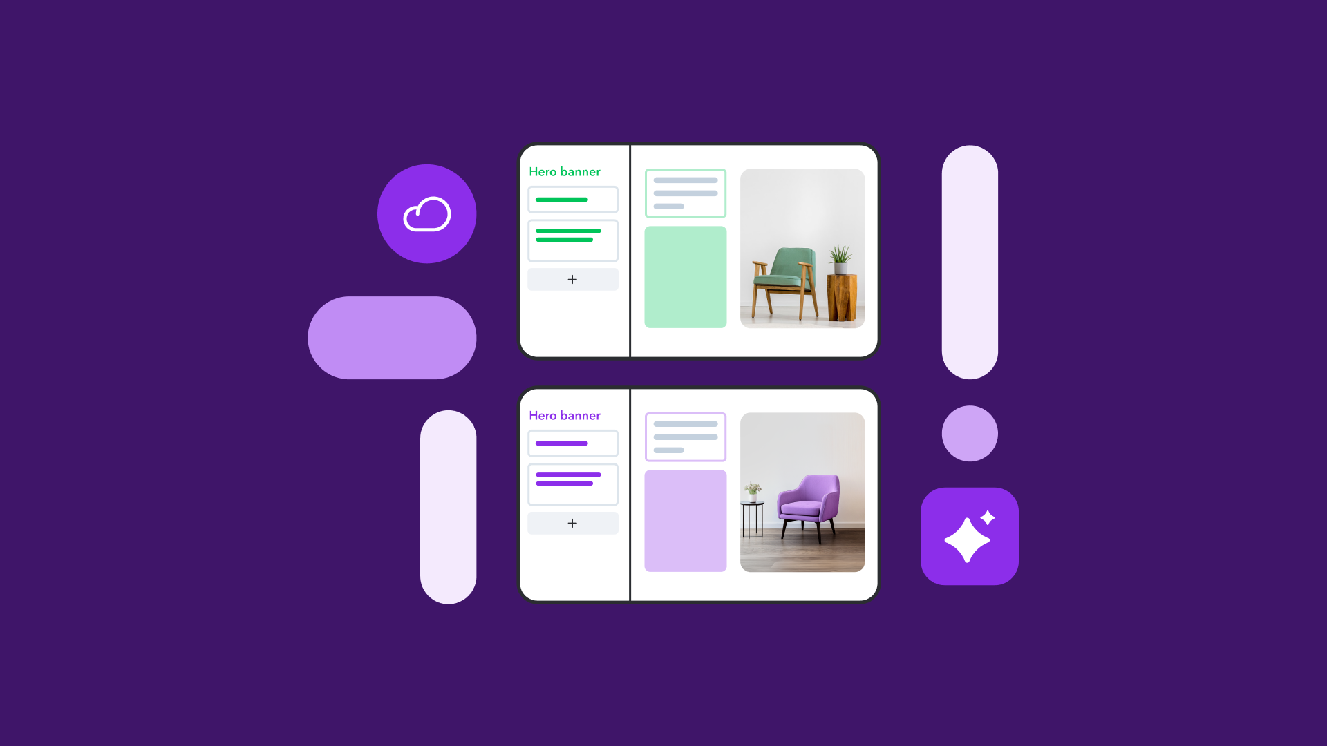 Website design mockup showing two hero banner layouts with green and purple accent colors, featuring modern armchair product images