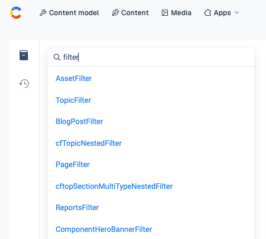 Searching for various filter data types in the Contentful GraphiQL tool.