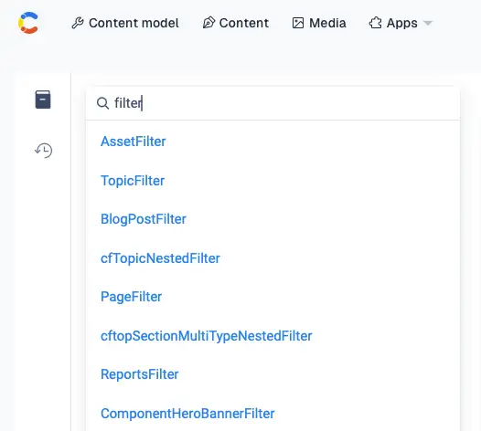 Searching for various filter data types in the Contentful GraphiQL tool.