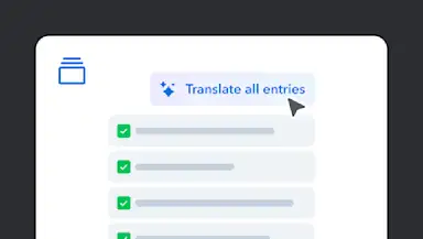 Interface showing "Translate all entries" header with blue icon, followed by four completed translation items marked with green checkmarks