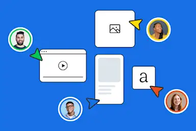 Illustration showing content sharing icons with profile avatars connected by arrows to video, image, text and font elements on blue background