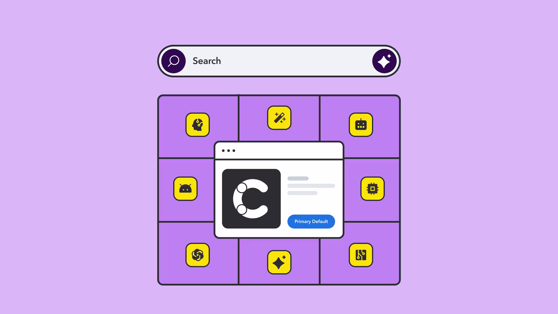 Search bar above a grid of yellow app icons on purple background with a white popup window displaying a large C logo.
