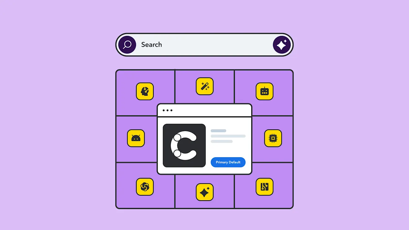 Search bar above a grid of yellow app icons on purple background with a white popup window displaying a large C logo.
