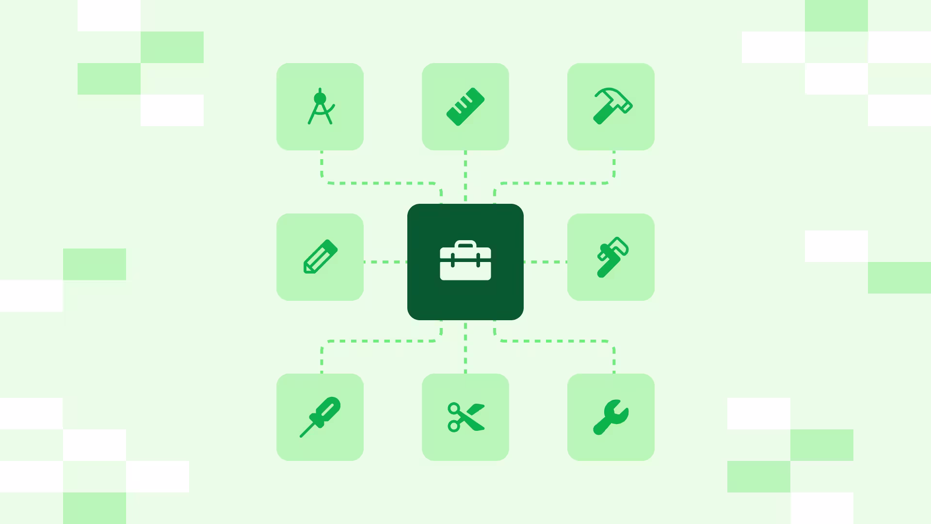 A green diagram with a central toolbox icon connected by dashed lines to eight tool icons including hammer, wrench, and scissors.