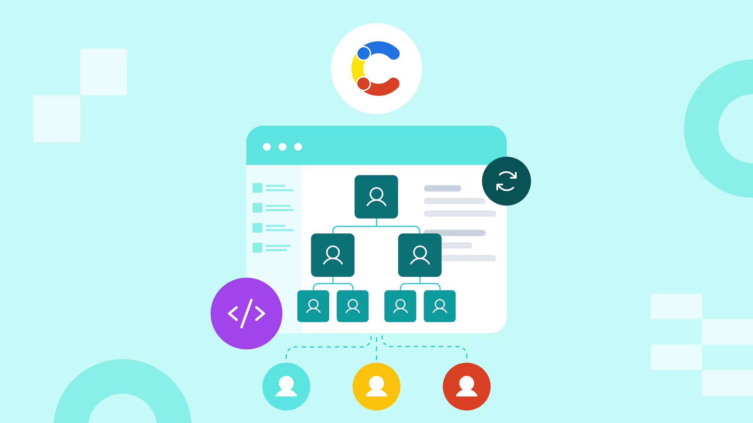 Illustration of a user hierarchy chart on a teal dashboard, with a colorful C logo, code icon, and sync button on a light blue background.