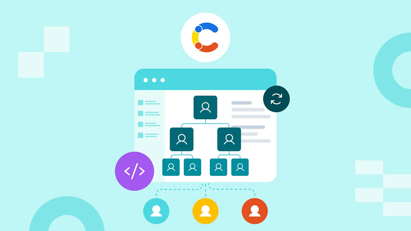 Illustration of a user hierarchy chart on a teal dashboard, with a colorful C logo, code icon, and sync button on a light blue background.