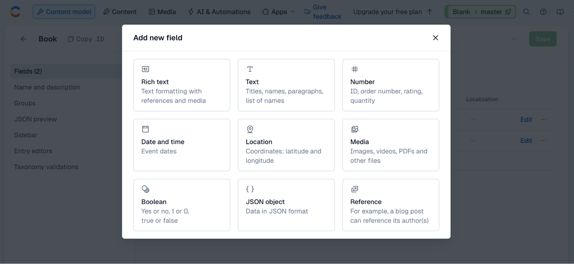 Next, add a Media type field named bookCover to the Book model