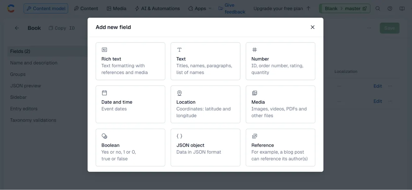 Next, add a Media type field named bookCover to the Book model