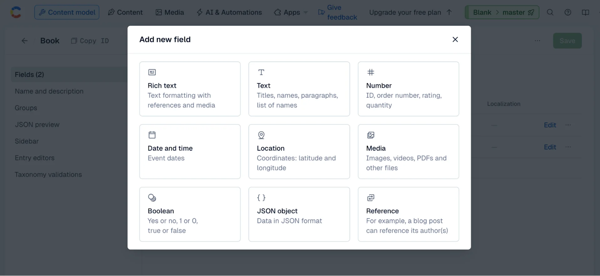 Next, add a Media type field named bookCover to the Book model