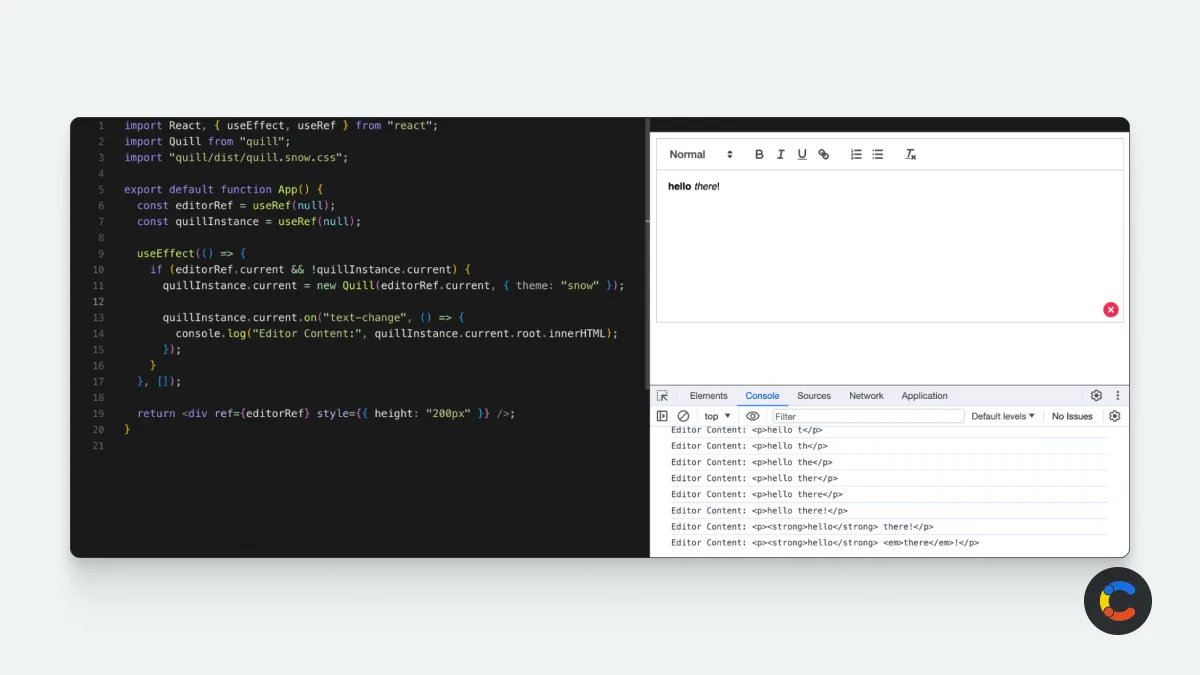 Screenshot showing Quill being used as a React rich text editor
