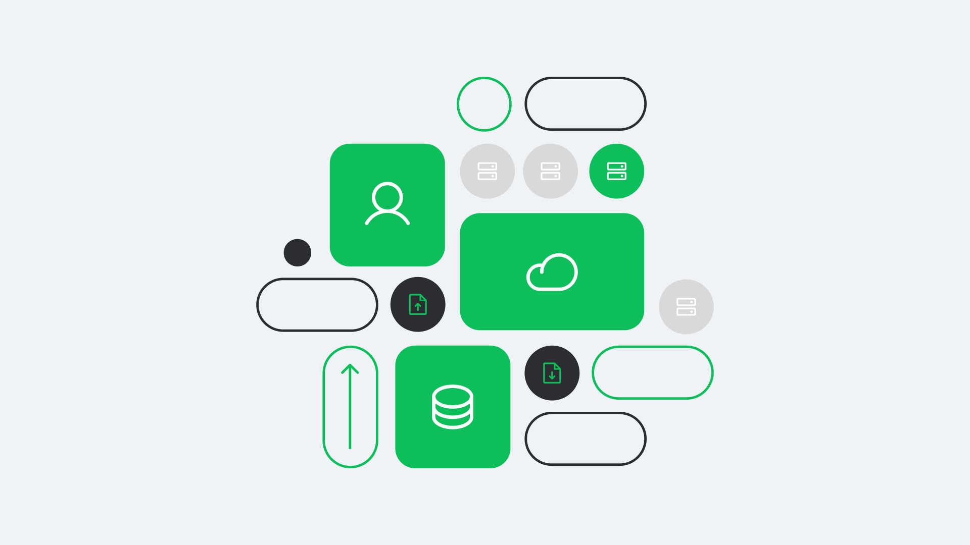 Abstract illustration with green and gray icons representing cloud storage, user profile, database, and navigation elements