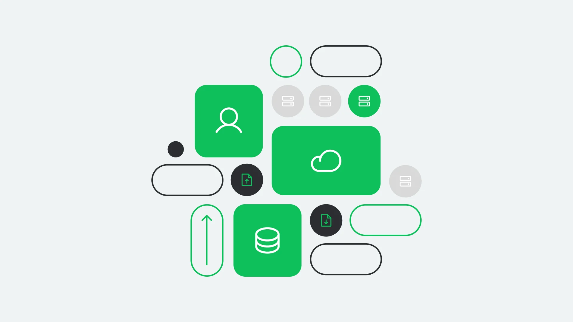 Abstract illustration with green and gray icons representing cloud storage, user profile, database, and navigation elements