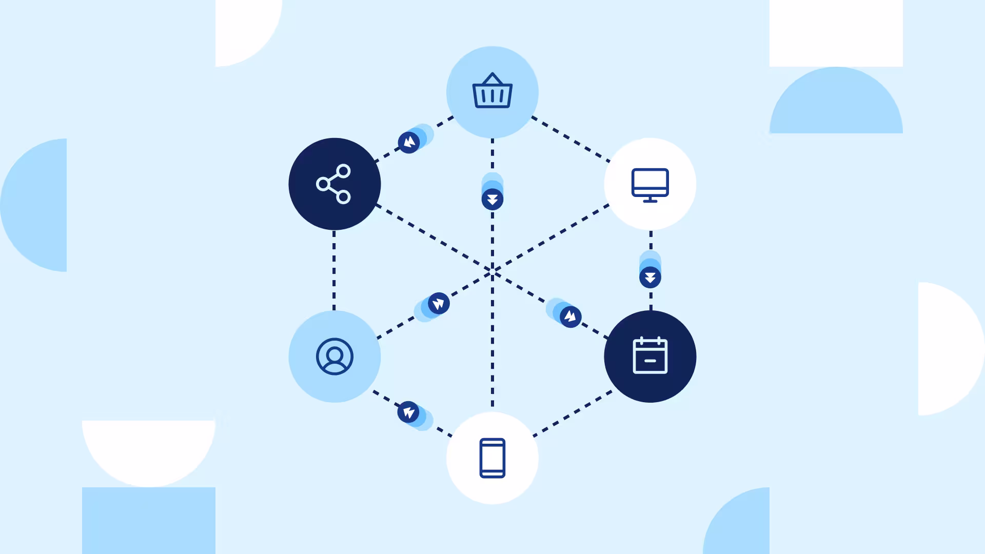 Blue hexagonal network diagram connecting icons for shopping, desktop, calendar, mobile, user, and sharing on a light blue background.