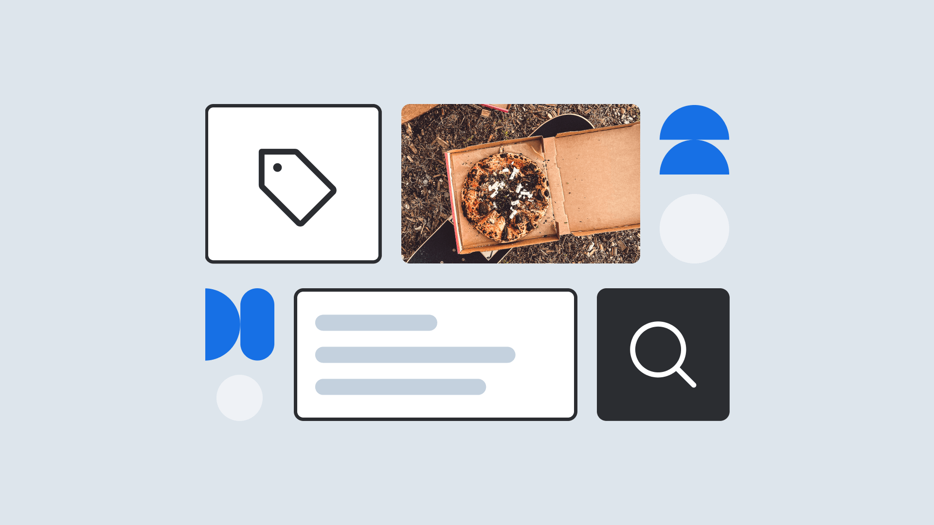 Collection of UI elements including a price tag icon, pizza in box photo, blue semicircle shapes, text field, and search icon on gray background