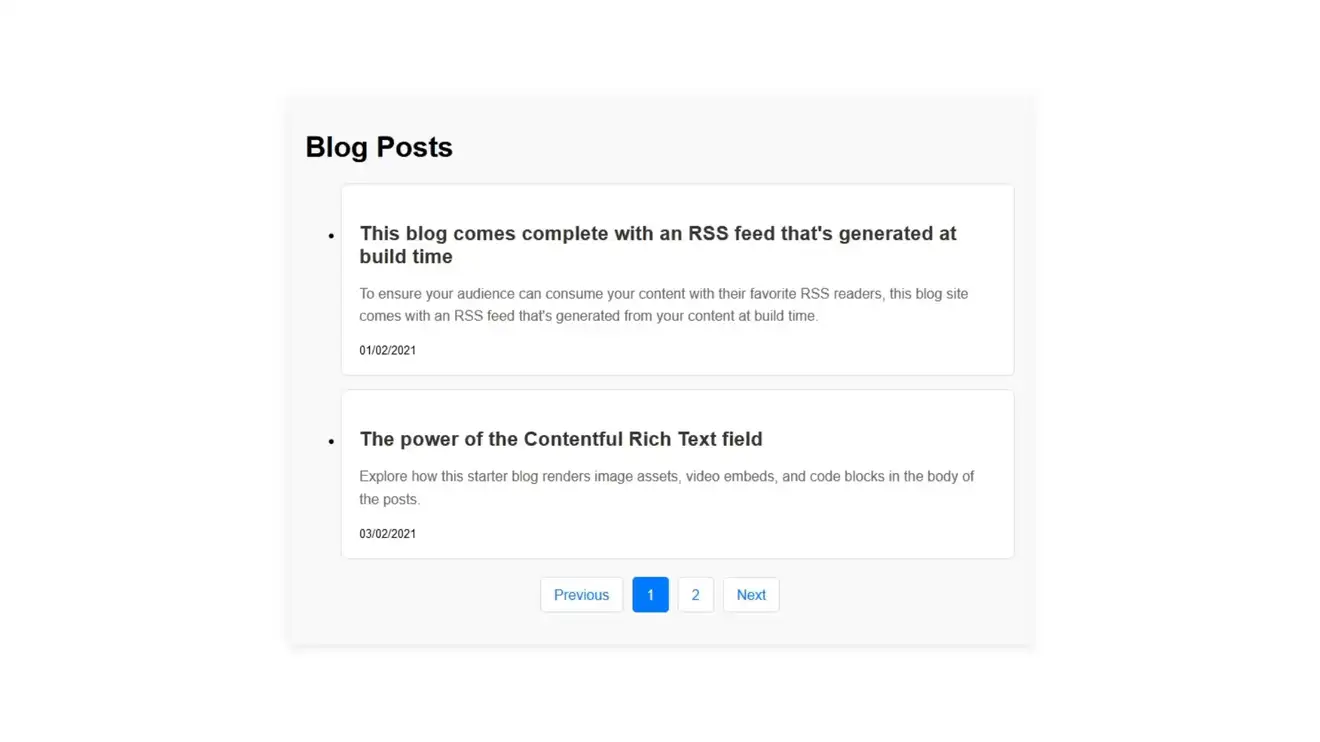 Screen capture of a React website listing blog posts using offset-based pagination