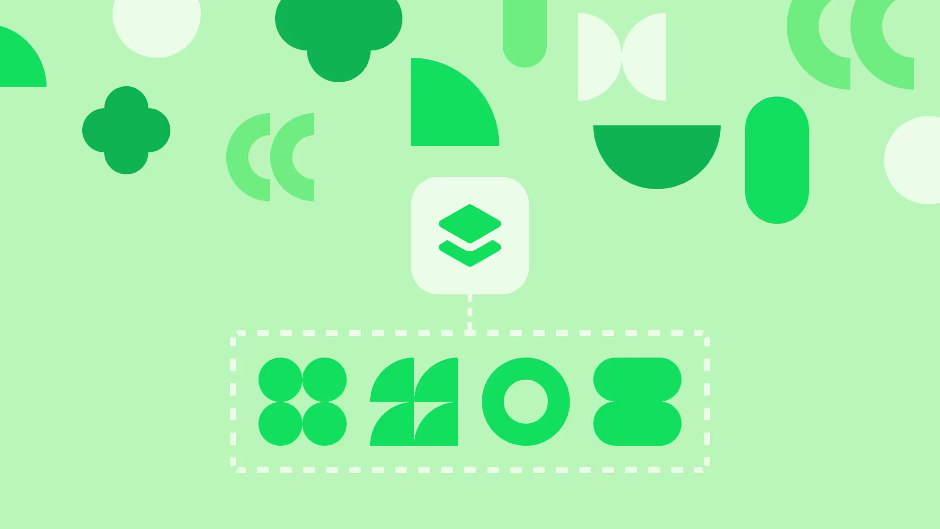 A light green background with various green geometric shapes and a central app icon connected by a dashed line to a row of green icons below.