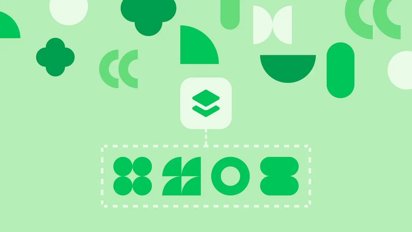 A light green background with various green geometric shapes and a central app icon connected by a dashed line to a row of green icons below.