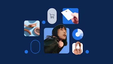 Person wearing rose gold headphones against dark blue background with shopping cart and payment icons floating around