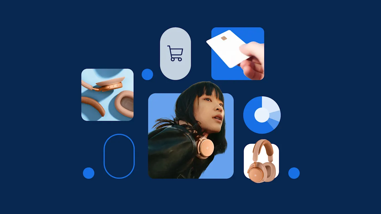 Person wearing rose gold headphones against dark blue background with shopping cart and payment icons floating around