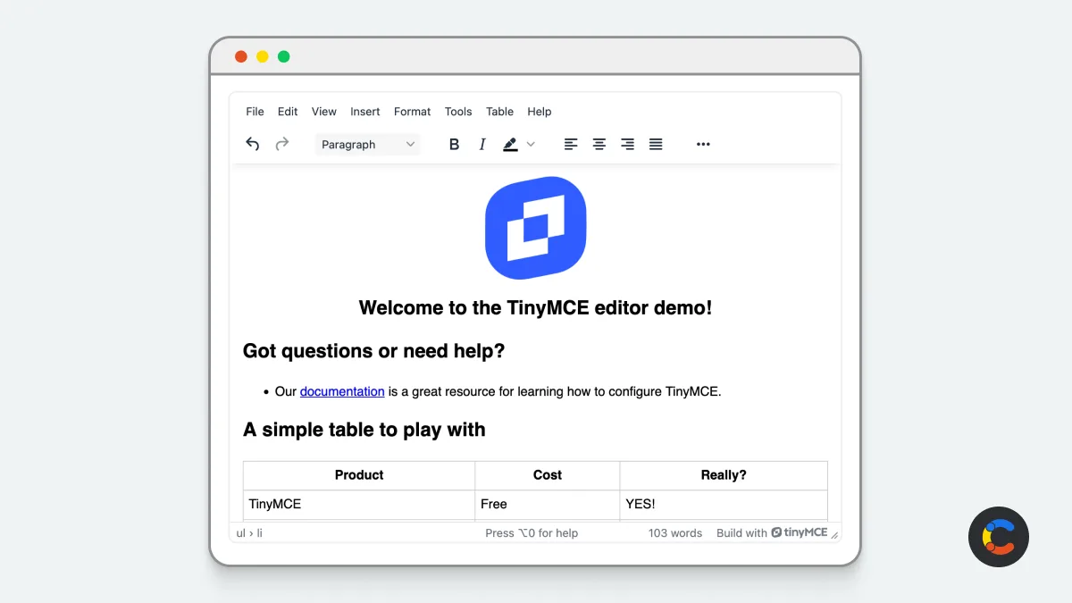 A screenshot showing TinyMCE, which can be implemented as a React rich text editor