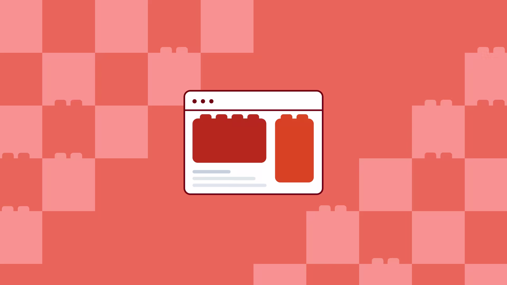 A browser window icon with building block shapes inside, set against an orange-red checkered background with lego brick patterns.