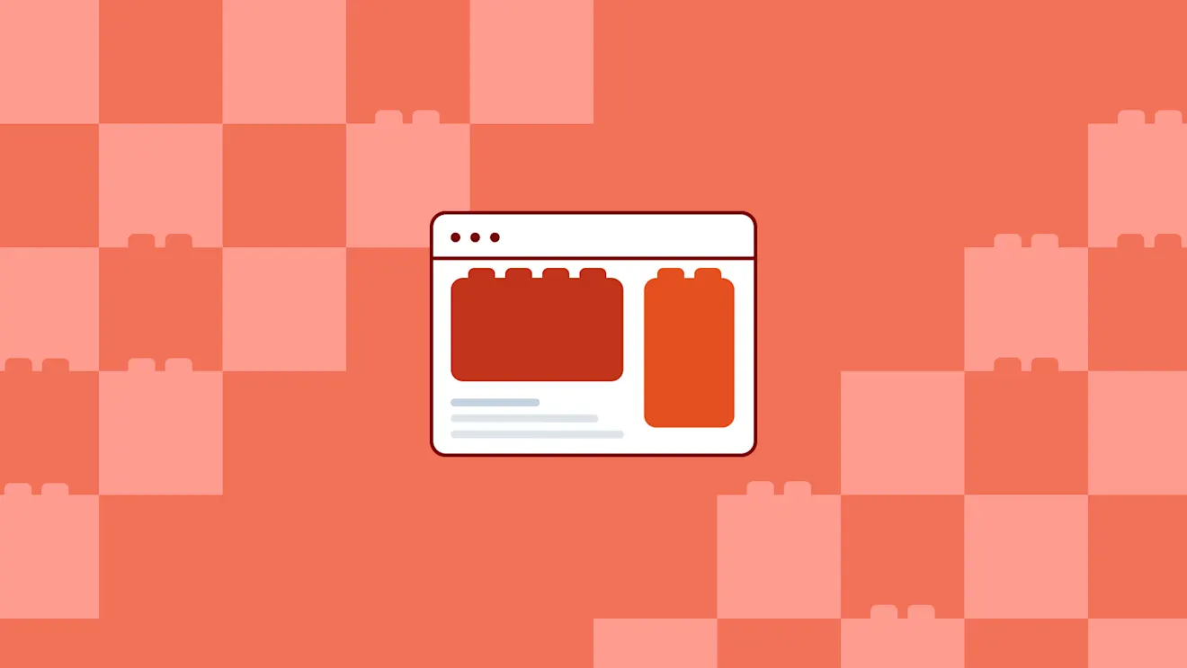 A browser window icon with building block shapes inside, set against an orange-red checkered background with lego brick patterns.