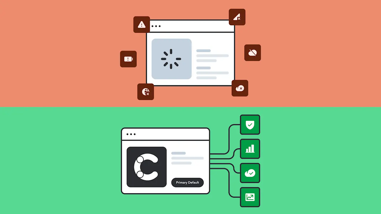 Top: Browser window with loading icon surrounded by brown warning symbols. Bottom: Browser with letter C connecting to green icons showing checkmarks and analytics on green background.
