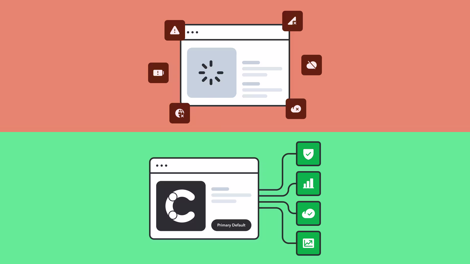 Top: Browser window with loading icon surrounded by brown warning symbols. Bottom: Browser with letter C connecting to green icons showing checkmarks and analytics on green background.