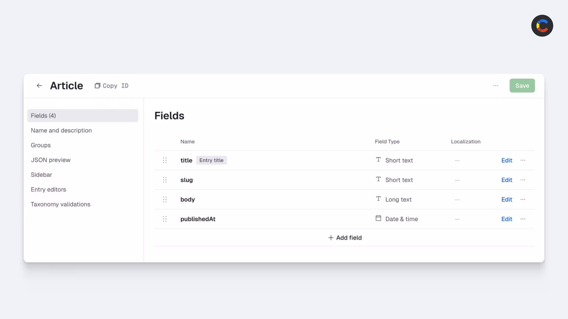 A screenshot of the Contentful dashboard showing an Article content type.