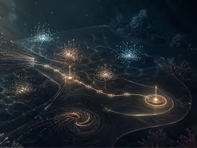 Glowing digital network with golden light nodes and spirals over a dark ocean floor with coral, illuminated by rays of light.
