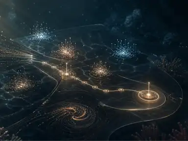 Glowing digital network with golden light nodes and spirals over a dark ocean floor with coral, illuminated by rays of light.