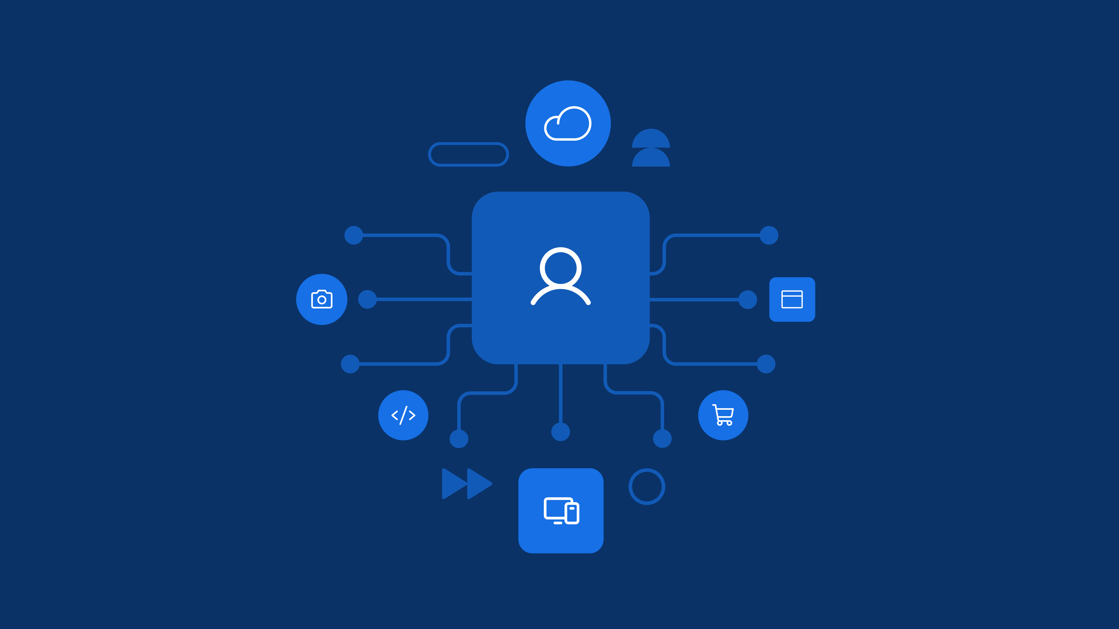 Abstract digital icons including cloud, code, shopping cart, and media symbols floating on dark blue background
