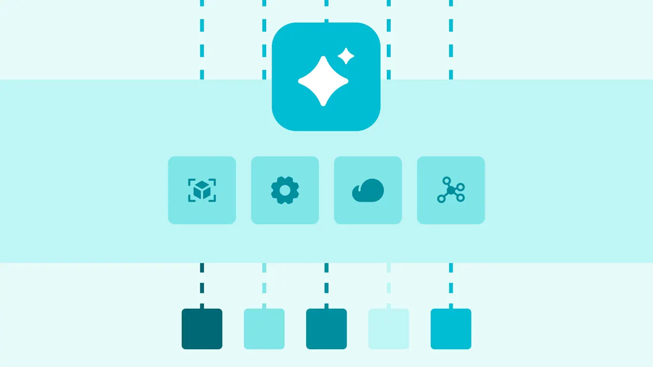 Teal AI sparkle icon above four feature icons: 3D cube, settings gear, cloud, and network nodes, with colored blocks below.
