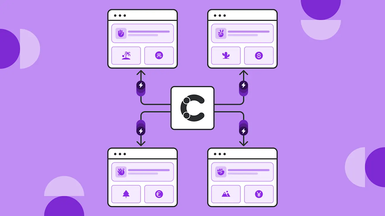 The Contentful logo connects four windows via arrows on a purple background, illustrating content distribution across multiple platforms.