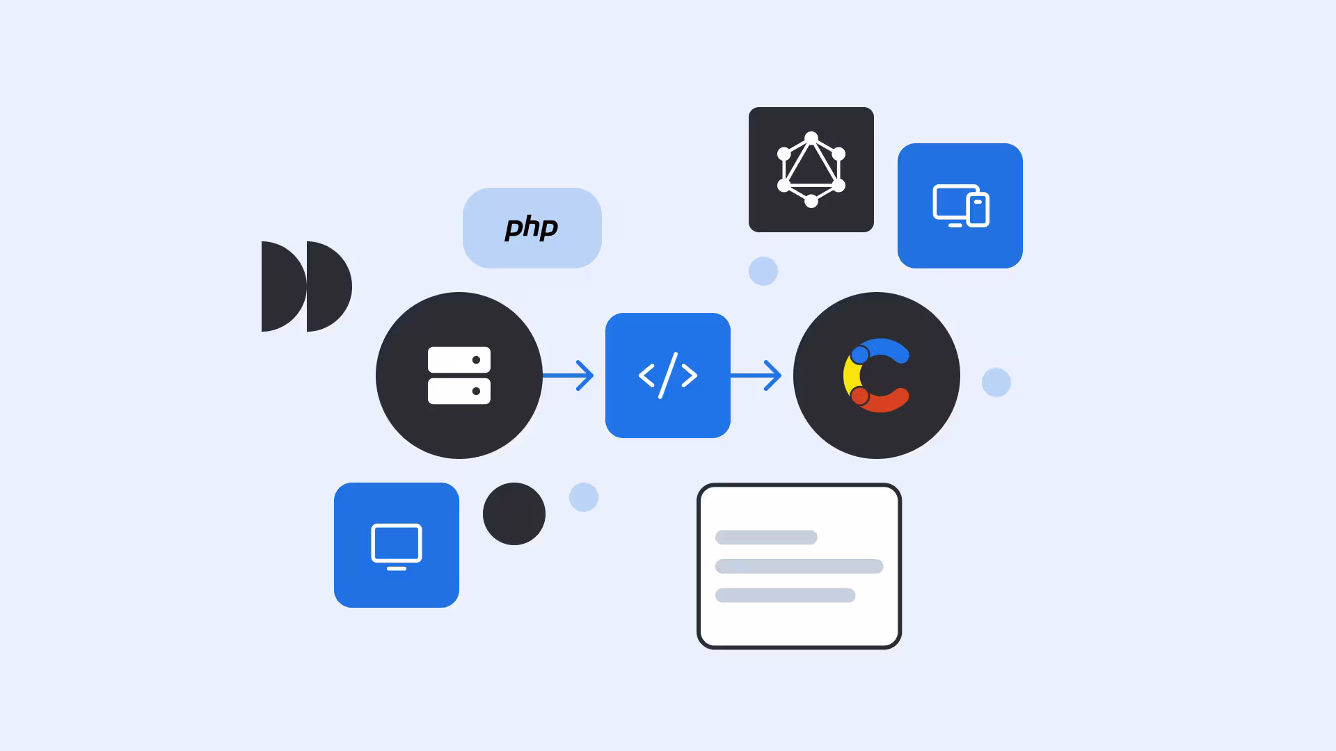 Illustration showing web development workflow with icons for PHP, database, code, and interfaces connected by blue arrows