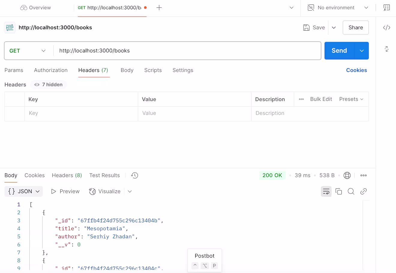 Screenshot of Postman retrieving book data